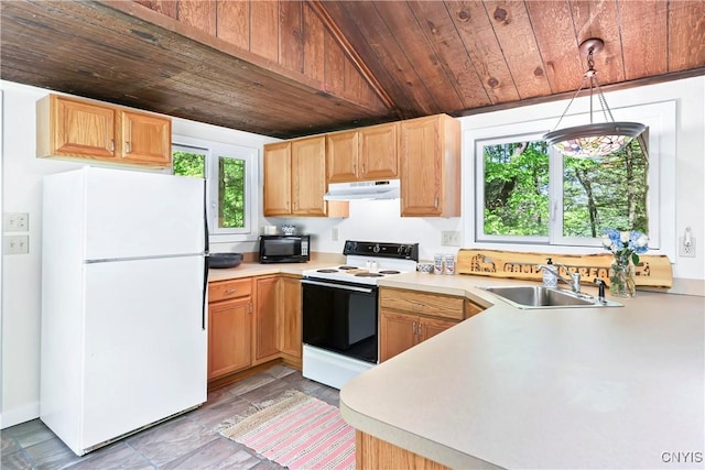 kitchen with freestanding refrigerator, electric stove, under cabinet range hood, wood ceiling, and a sink