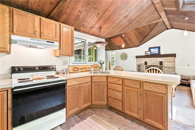 kitchen featuring white electric range oven, under cabinet range hood, a sink, a peninsula, and light countertops