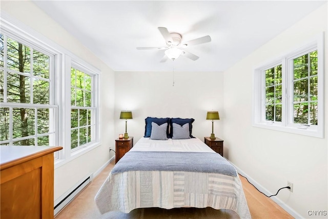 bedroom featuring baseboard heating, baseboards, and ceiling fan