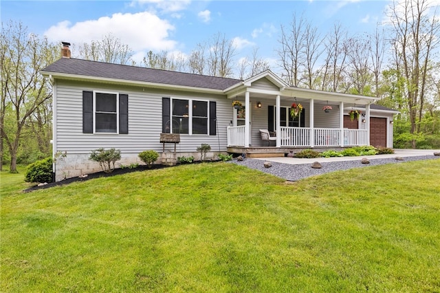 3760 N Creek Rd, Palmyra, NY 14522 - ranch-style house featuring covered porch, a chimney, a front yard, and an attached garage