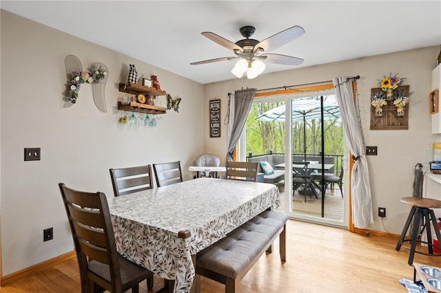3760 N Creek Rd, Palmyra, NY 14522 - dining room featuring baseboards, light wood-style flooring, and a ceiling fan