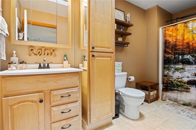 3760 N Creek Rd, Palmyra, NY 14522 - bathroom with tile patterned floors, toilet, vanity, and a shower with curtain