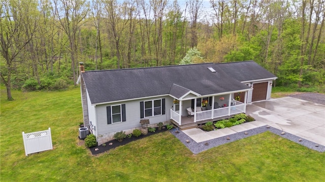3760 N Creek Rd, Palmyra, NY 14522 - view of front facade featuring a porch, driveway, central AC unit, a chimney, and a forest view