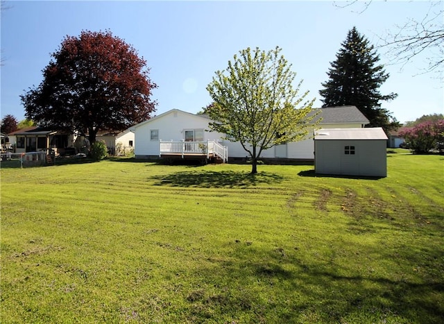 31 Jefreelind Dr, Greece, NY 14616 - view of green lawn with a storage unit, an outbuilding, and a wooden deck