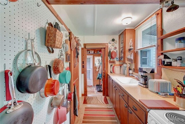 kitchen featuring a sink, range, brown cabinetry, and glass insert cabinets