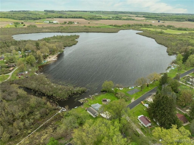 aerial overview of property's location with a nearby body of water and rural landscape