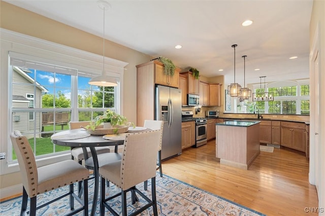 119 Star Gaze Cir, Manlius, NY 13066 - kitchen featuring stainless steel appliances, light wood finished floors, plenty of natural light, a kitchen island, and recessed lighting