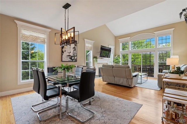 119 Star Gaze Cir, Manlius, NY 13066 - dining room with a chandelier, wood finished floors, baseboards, and lofted ceiling