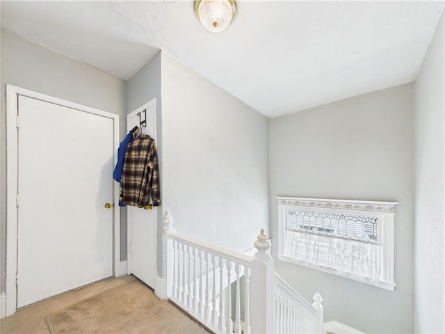 hallway with an upstairs landing and carpet floors