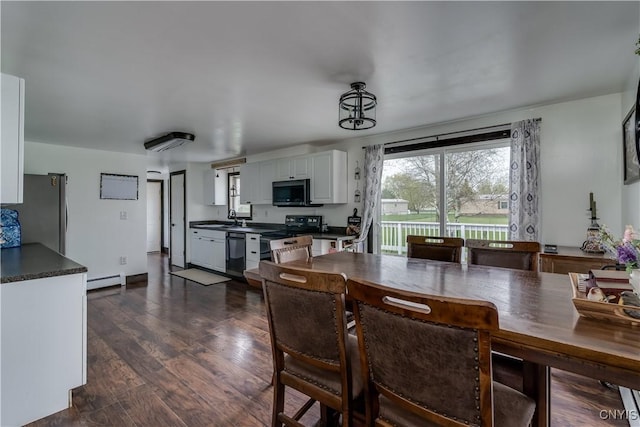36852 Middle Rd, Orleans, NY 13656 - dining room featuring a baseboard heating unit and dark wood-style flooring