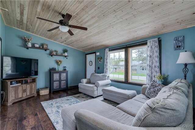 36852 Middle Rd, Orleans, NY 13656 - living room featuring wood ceiling, a ceiling fan, vaulted ceiling, and dark wood finished floors