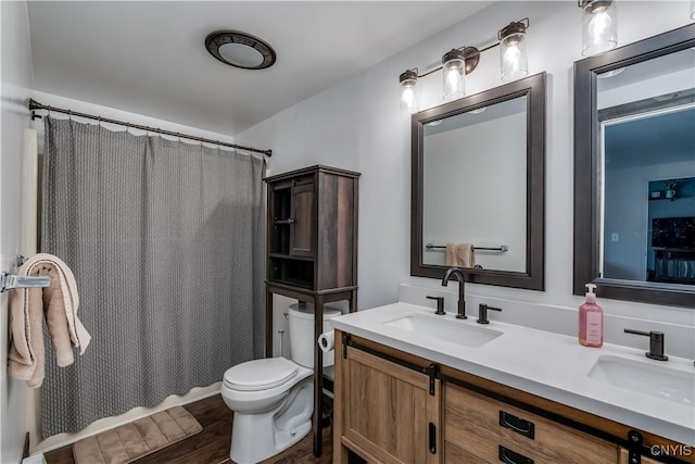 36852 Middle Rd, Orleans, NY 13656 - full bath with wood finished floors, toilet, double vanity, and a shower with shower curtain