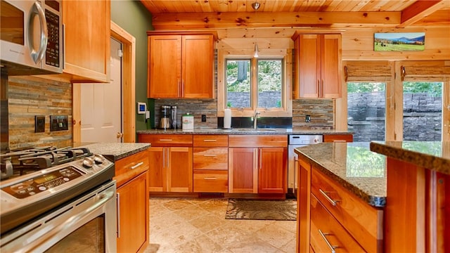 1267 S Lake Rd, Middlesex, NY 14507 - kitchen with appliances with stainless steel finishes, wood ceiling, decorative backsplash, beam ceiling, and a sink