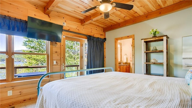 1267 S Lake Rd, Middlesex, NY 14507 - bedroom featuring beam ceiling, wooden ceiling, and connected bathroom