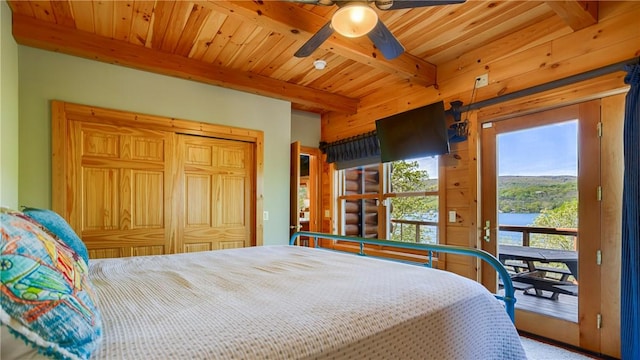 1267 S Lake Rd, Middlesex, NY 14507 - bedroom with beam ceiling, wood ceiling, wooden walls, and access to exterior