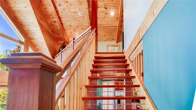 1267 S Lake Rd, Middlesex, NY 14507 - staircase with wooden ceiling, a high ceiling, and beamed ceiling