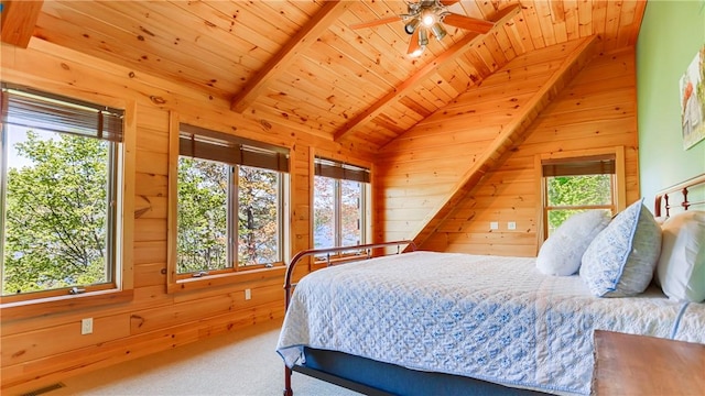 1267 S Lake Rd, Middlesex, NY 14507 - carpeted bedroom featuring multiple windows, wooden walls, and wooden ceiling