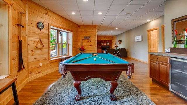 1267 S Lake Rd, Middlesex, NY 14507 - game room with beverage cooler, light wood-style flooring, recessed lighting, pool table, and wood walls