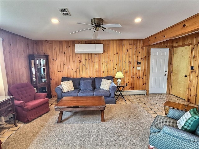living room featuring an AC wall unit, a baseboard heating unit, ceiling fan, wood walls, and recessed lighting