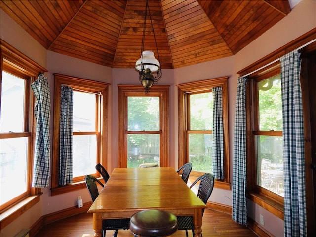 7 Walnut St, Oneonta-City, NY 13820 - dining area featuring vaulted ceiling, baseboards, wood ceiling, and wood finished floors