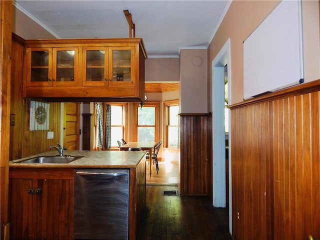 7 Walnut St, Oneonta-City, NY 13820 - kitchen with a sink, ornamental molding, tile countertops, dark wood-style flooring, and glass insert cabinets
