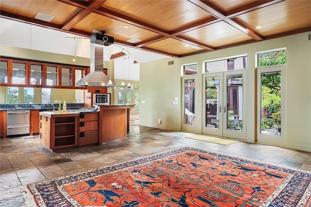 4331 Tichenor Point Dr, Canandaigua-Town, NY 14424 - kitchen with stone tile flooring, wooden ceiling, stainless steel appliances, baseboards, and a kitchen island with sink