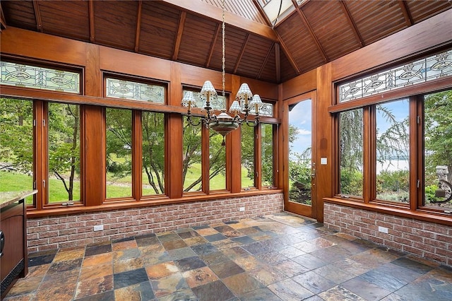 4331 Tichenor Point Dr, Canandaigua-Town, NY 14424 - unfurnished sunroom featuring a chandelier, stone tile floors, high vaulted ceiling, and wood ceiling