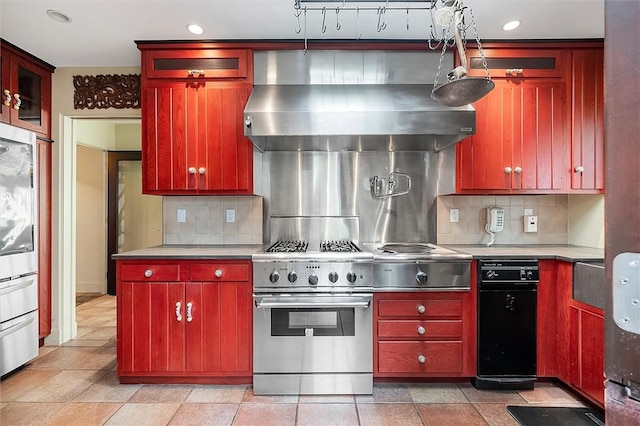 4331 Tichenor Point Dr, Canandaigua-Town, NY 14424 - kitchen with light countertops, tasteful backsplash, wall chimney exhaust hood, recessed lighting, and high end stove