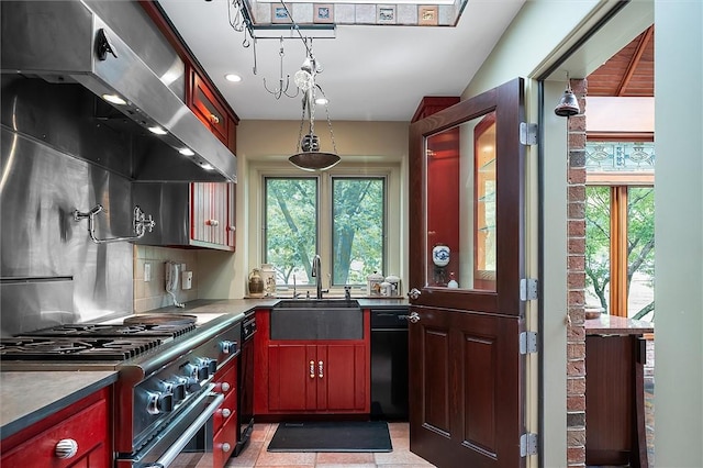 4331 Tichenor Point Dr, Canandaigua-Town, NY 14424 - kitchen featuring stainless steel range, exhaust hood, a sink, dishwasher, and decorative light fixtures