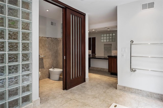 4331 Tichenor Point Dr, Canandaigua-Town, NY 14424 - bathroom with tile walls, tile patterned flooring, walk in shower, rail lighting, and vanity
