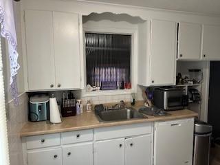 kitchen featuring dishwasher, a sink, and white cabinets