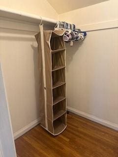 walk in closet with dark wood-style flooring and lofted ceiling