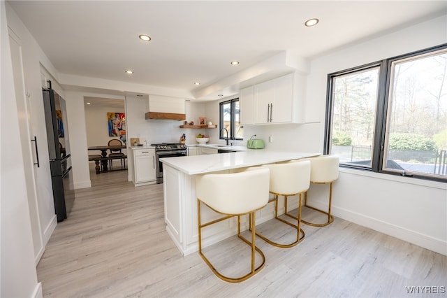 14 Wynngate Ln, Amherst, NY 14221 - kitchen with stainless steel stove, a peninsula, recessed lighting, light countertops, and white cabinetry