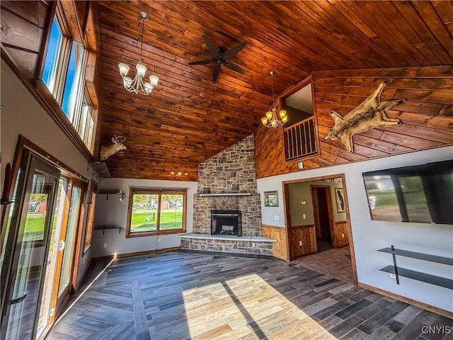 657 W Cottage Ln, Deruyter, NY 13052 - unfurnished living room featuring a chandelier, high vaulted ceiling, wood ceiling, a fireplace, and dark wood finished floors