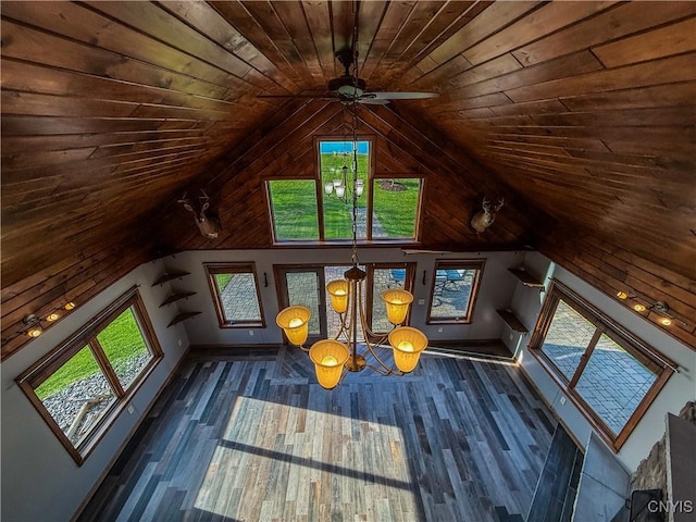 657 W Cottage Ln, Deruyter, NY 13052 - additional living space with wooden ceiling, lofted ceiling, dark wood-style flooring, and ceiling fan