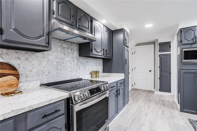 848 Weiland Rd, Greece, NY 14626 - kitchen with stainless steel appliances, under cabinet range hood, light wood-type flooring, tasteful backsplash, and recessed lighting