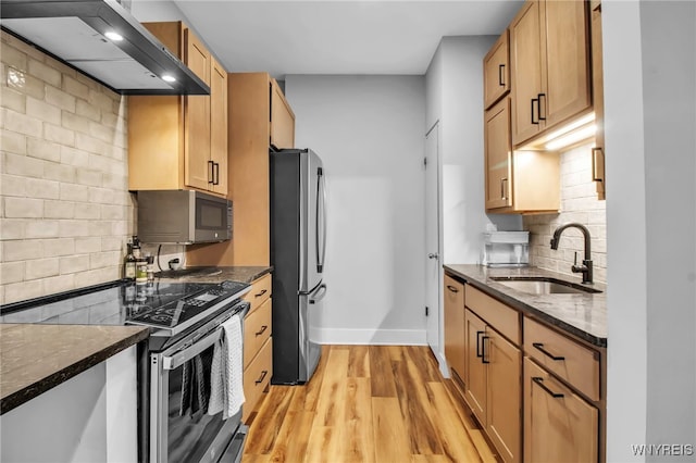 125 Edward St Unit 2G, Buffalo, NY 14201 - kitchen featuring appliances with stainless steel finishes, a sink, wall chimney exhaust hood, baseboards, and light wood-style flooring