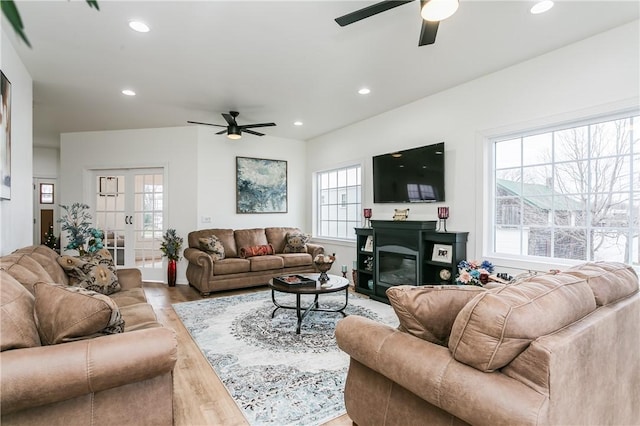 1965 Main St, Carlton, NY 14571 - living room with a ceiling fan, light wood-style floors, recessed lighting, and a glass covered fireplace