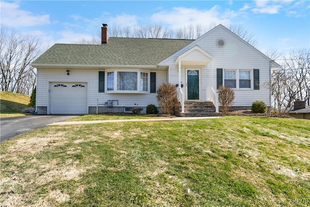 single story home with an attached garage, a chimney, asphalt driveway, a front lawn, and roof with shingles