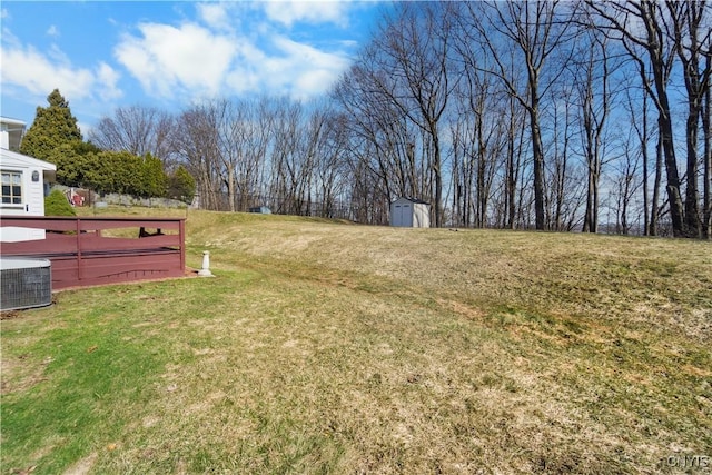 view of grassy yard featuring central air condition unit, an outdoor structure, and a storage unit