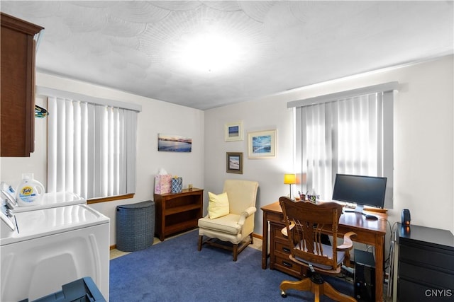 home office with independent washer and dryer, carpet flooring, and baseboards