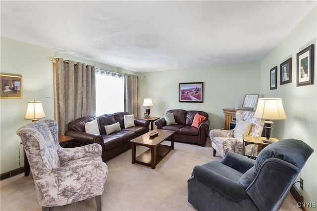 living room featuring light colored carpet