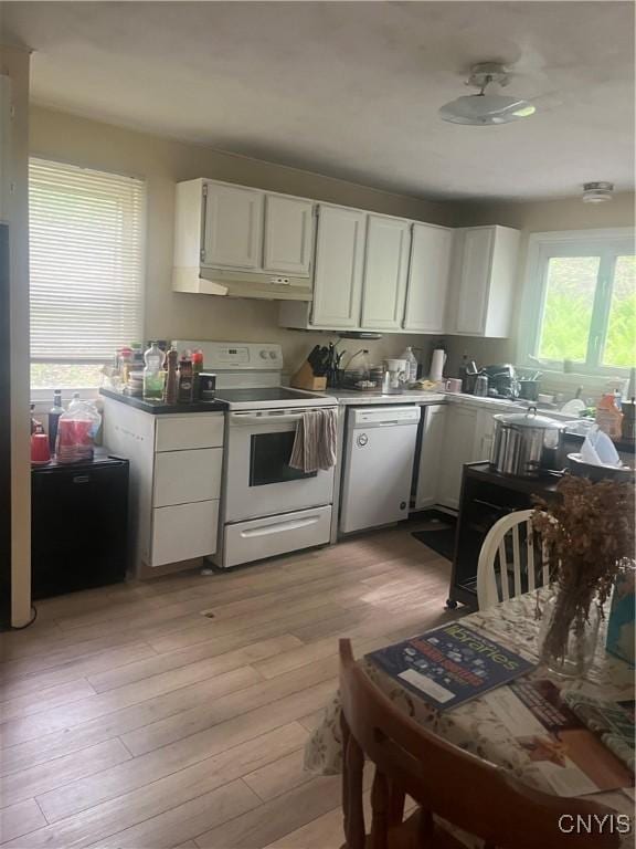 1018-20 Ackerman Ave Unit 1020, Syracuse, NY 13210 - kitchen featuring white appliances, white cabinets, light wood-type flooring, and under cabinet range hood