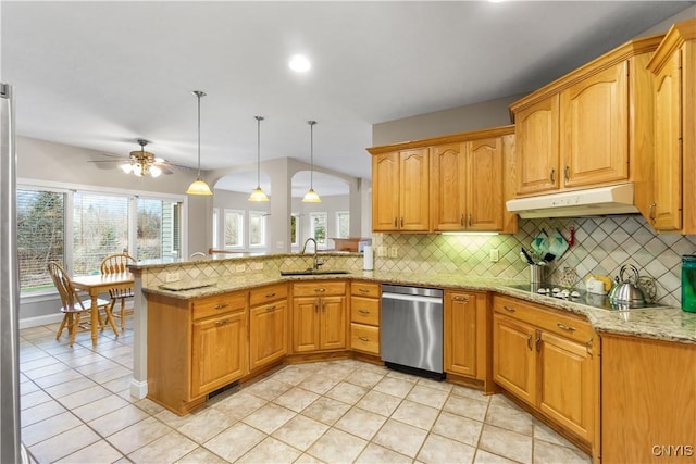8312 Partridgeberry Dr, Lysander, NY 13027 - kitchen featuring stainless steel dishwasher, under cabinet range hood, a sink, a peninsula, and backsplash