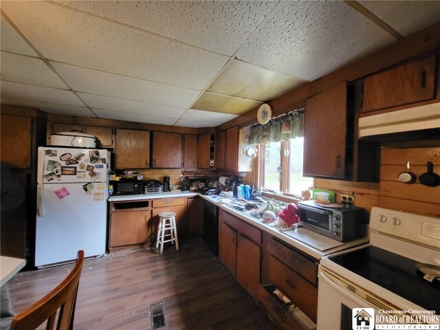 5162 Whig St, Little Valley, NY 14779 - kitchen featuring white appliances, light countertops, dark wood-type flooring, a paneled ceiling, and brown cabinetry