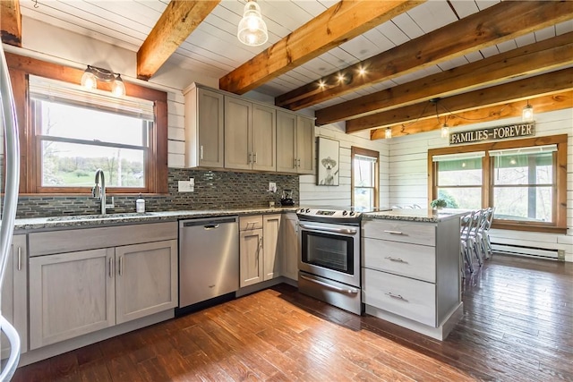 kitchen featuring appliances with stainless steel finishes, a sink, a peninsula, wood ceiling, and dark wood finished floors