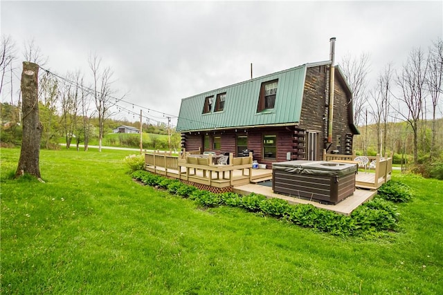 back of property featuring log siding, a wooden deck, an outdoor hangout area, and a lawn