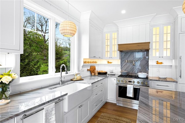 kitchen featuring high end stainless steel range, a sink, glass insert cabinets, white cabinets, and recessed lighting