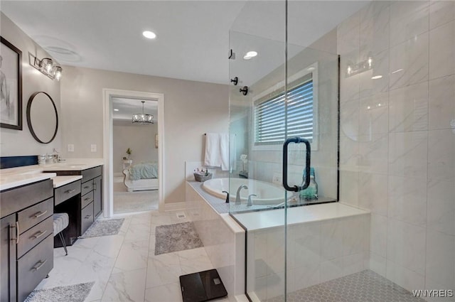 full bathroom with a stall shower, vanity, a garden tub, ensuite bathroom, and marble finish floors