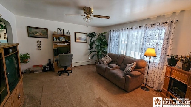 3738 E Lake Rd, Dunkirk-Town, NY 14048 - carpeted home office with baseboard heating and a ceiling fan